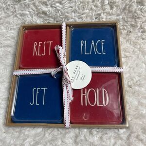 New in box Rae Dunn Ceramic Red & Blue Rest, Place, Stay, Hold Coasters .